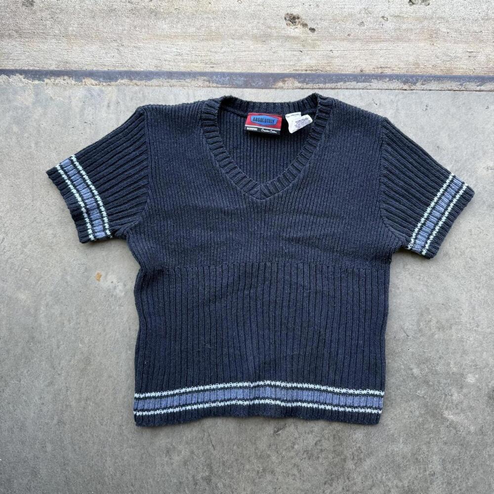 Vintage 90s Navy blue stripe v neck knit cropped fit womens XS